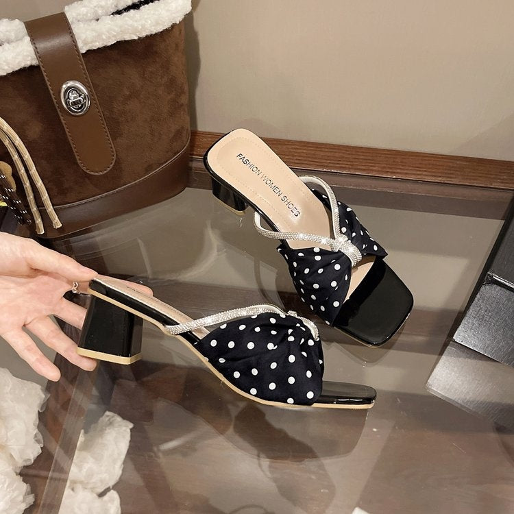 New Square Toe Polka Dot Rhinestone Bow One Strap Block Heel Mules Women Outdoor Elegant Sandals