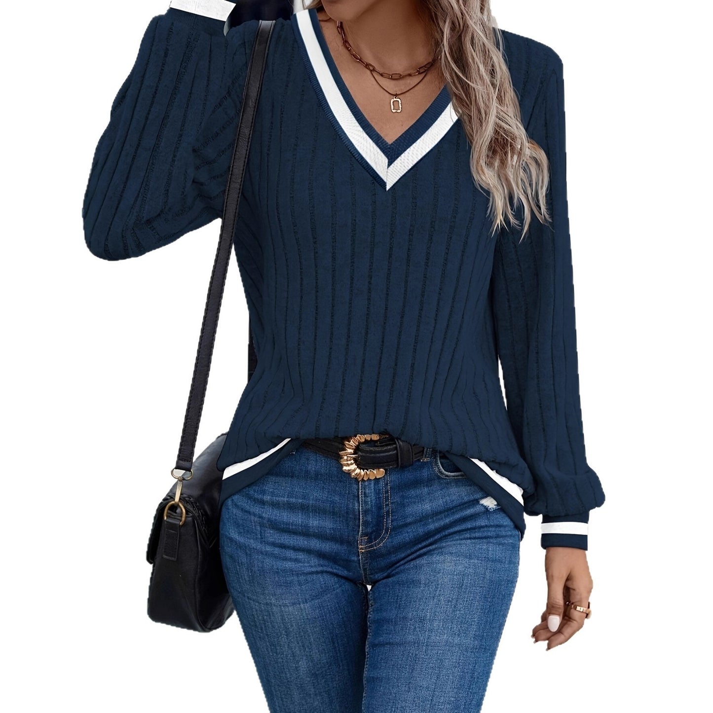 Women's Casual V-neck Ribbed Sweatshirt Navy Blue