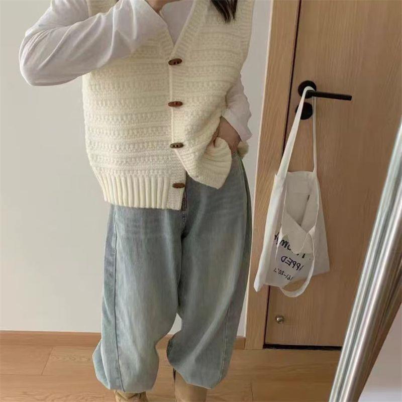 College Style Knitted Cardigan Vest Solid Color Wooden Buckle Bandage Dress