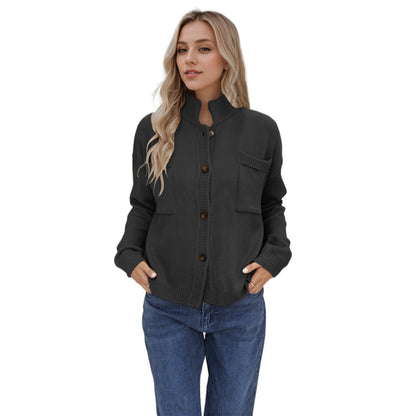 Standing Collar Plus Size Sweater Solid Color Cardigan For Women