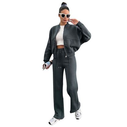 Fleece Zipper Cardigan Women's Clothes Fashion Casual Straight Pants Suit