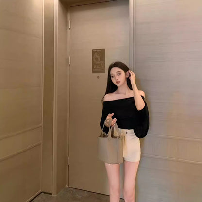 Off-neck Blue T-shirt Women's Summer Tight Waist Slimming And Shoulder Hollow Top