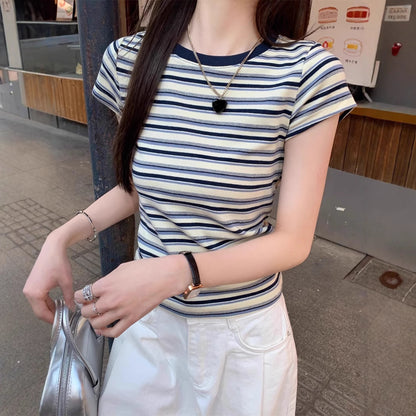 Contrast Color Striped Round Neck Short Sleeve Women's Shoulder Top