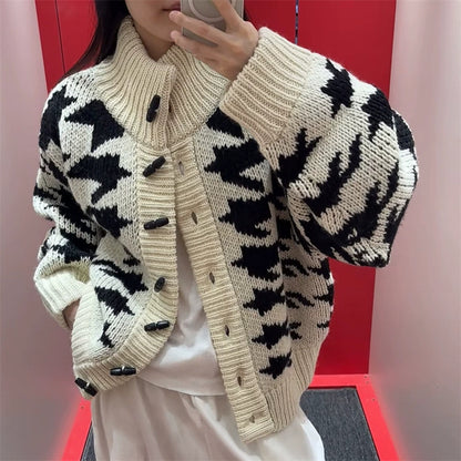 Stand-up Collar Jacquard Horn Button Sweater Coat