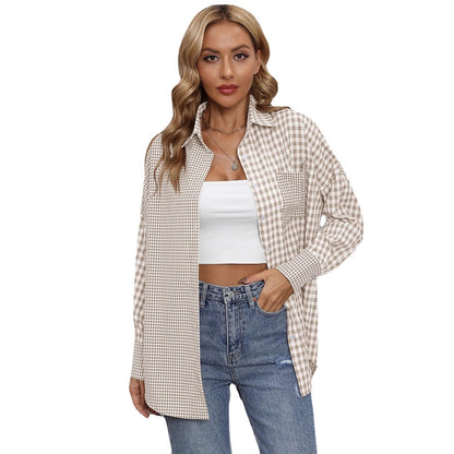 Lapel Plaid Colorblock Loose Casual Shirt