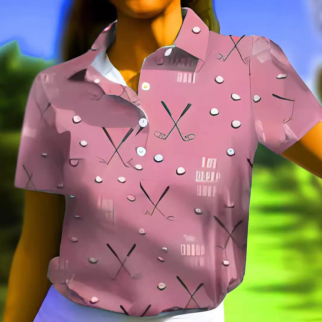 Casual Golf Printed T-shirt Polo Collar Top Women