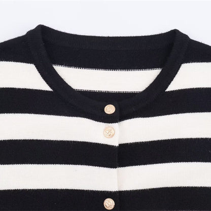 Black And White Striped Knitted Cardigan For Women