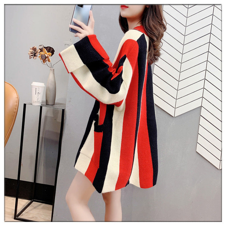 Striped Color Stitching Knitted Cardigan Sweater Coat For Women