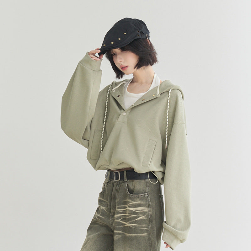 Drawstring At Hem Cropped Hoodie Women's Loose Top