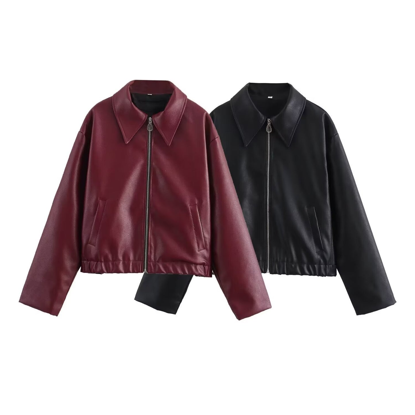 Women's Lapel Long Sleeve Leather Coat