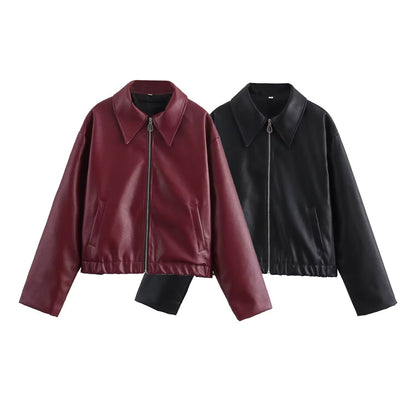 Women's Lapel Long Sleeve Leather Coat
