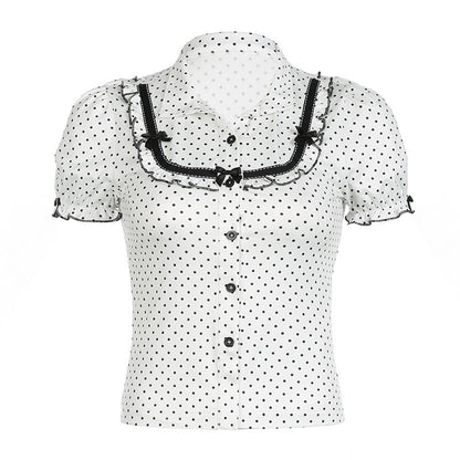 French Girl Bow Stitching Polka Dot Shirt