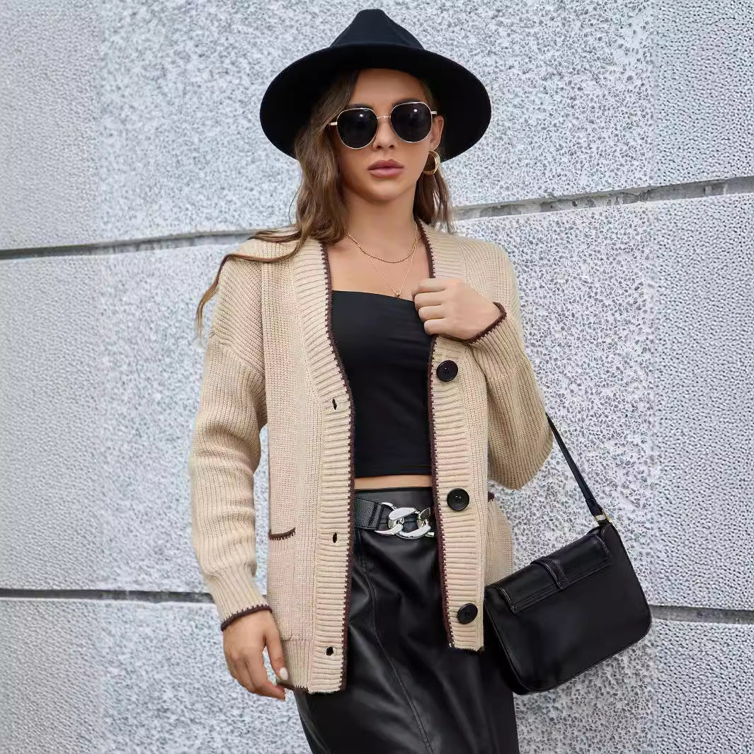 Contrast Color Boud Edage Belt Pocket Casual Jacket