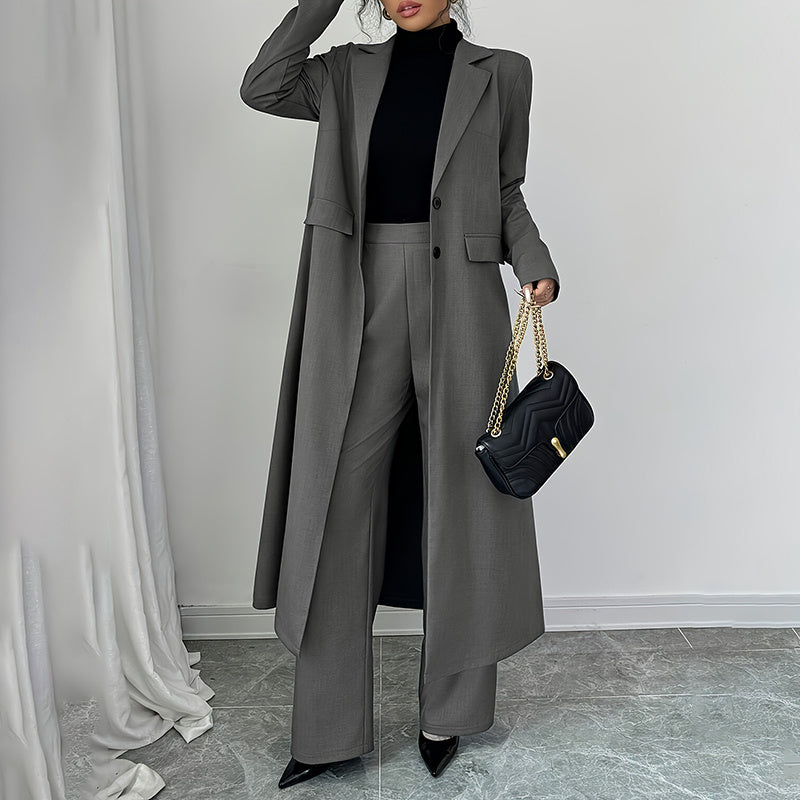 Women's 2 Piece Suit Set, Long Blazer Jacket And Straight Leg Pants, Business Formal Office Outfits For Work, NO Lining