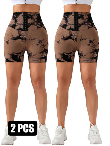 2 Pack 3-ROW HOOK Seamless Sexy Tie Dye Shorts Scrunch Butt Lifting Tummy Control High Waist Quick Drying Sports Yoga Shorts