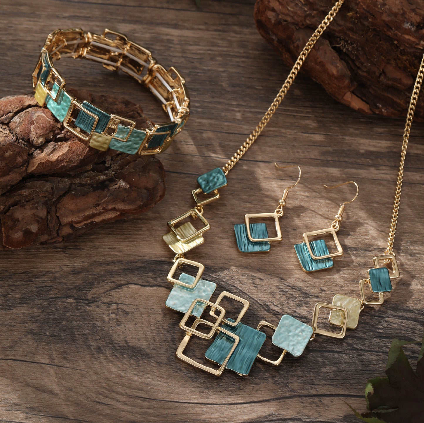 Colorful Geometric Square Jewelry Set – Earrings, Bracelet & Necklace