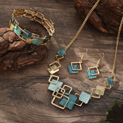 Colorful Geometric Square Jewelry Set – Earrings, Bracelet & Necklace