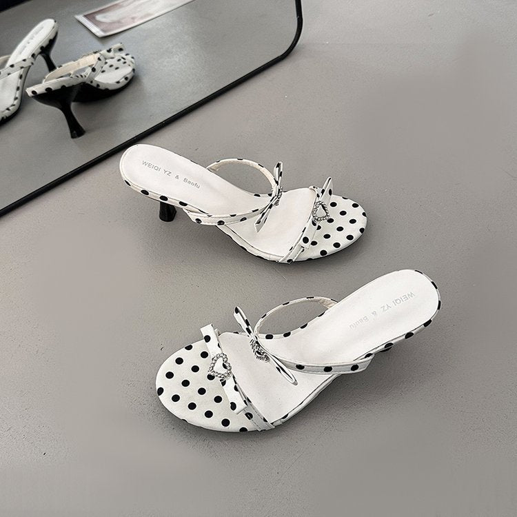 French Polka Dot Bow High-heeled Shoes For Women, White Round Toe Straight Strap Sandals For Women