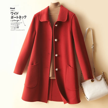 Wool Pearl Buckle Double-faced Woolen Goods Women's Doll Collar Mid-length Coat