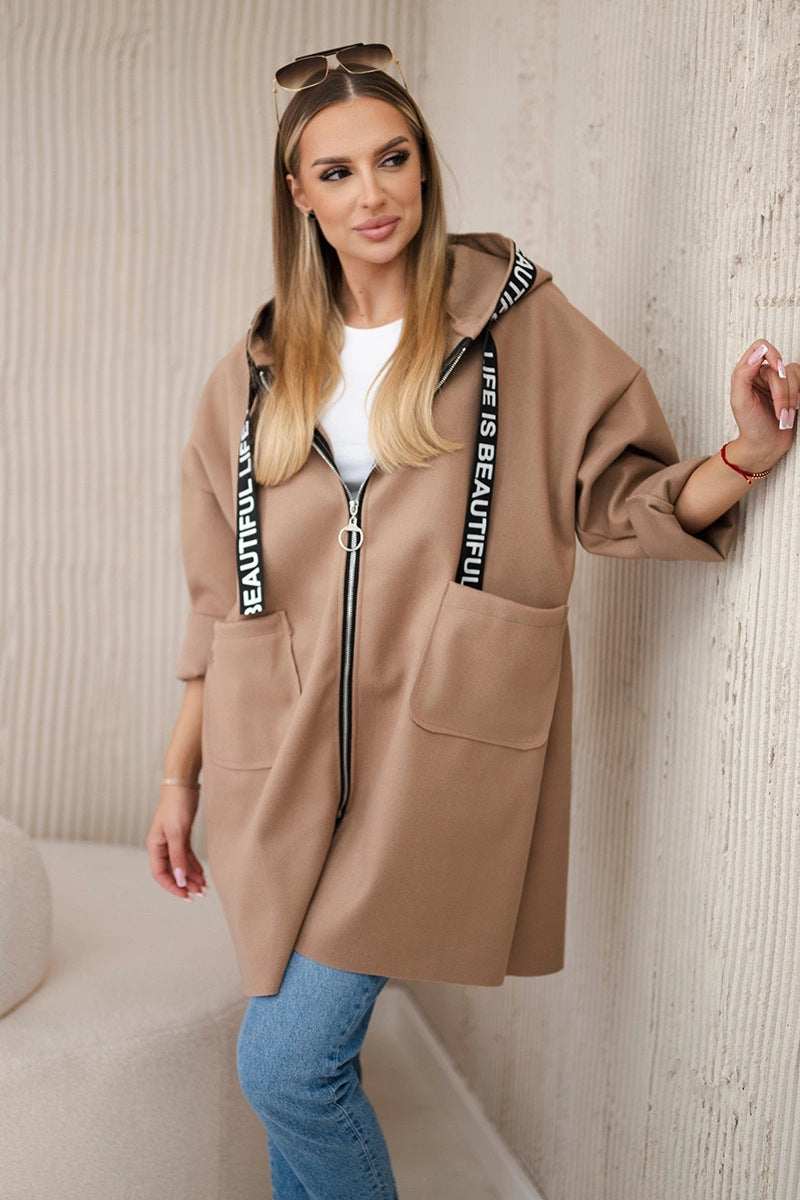 Hooded Sports Women's Large Size Long Sleeve Zipper Woolen Coat