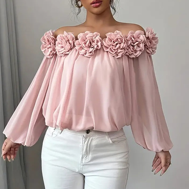 Women's 3D Floral Off Shoulder Blouse, Elegant Long Sleeve Ruffle Sheer Shirt For Party, Evening Dressy Top