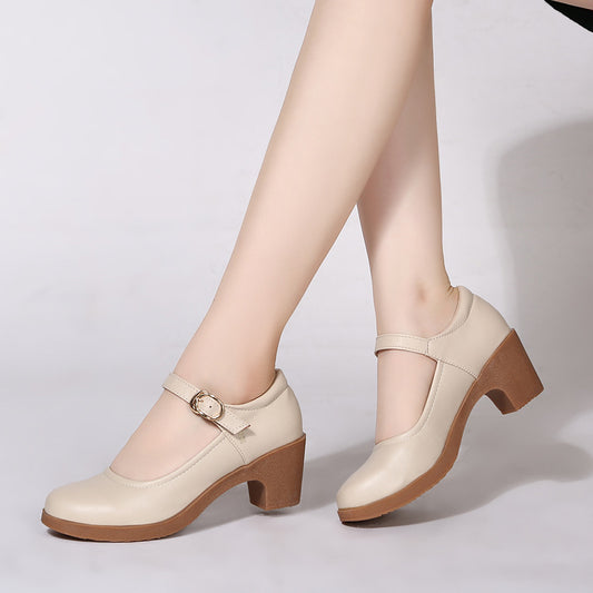 Chunky-heeled Buckle Shoes With Thermoplastic Rubber Soles Round Toe Low Cut