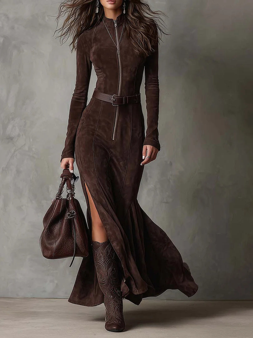Brown Suede Maxi Dress With Front Zipper And High Slit