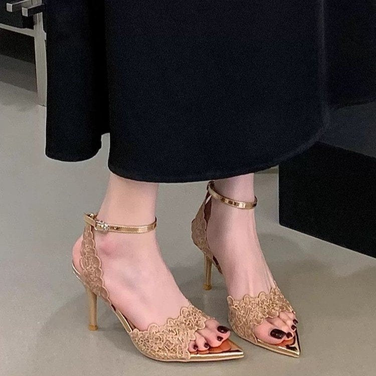 Summer New French Niche Design Women Sandals, Pointed Toe Lace Stiletto High Heel Open Toe Outdoor Shoes