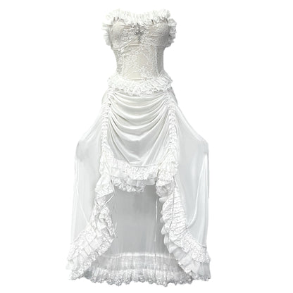 God's Redemption Chinese Style White Gothic Drawstring Mesh Dark Strap Dress Summer