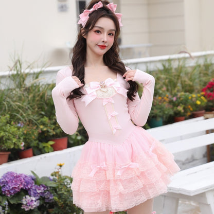 Elegant Ballet Style Princess Bowknot Pearl Heart Slimming Short Top