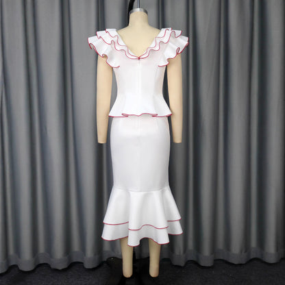 Women's Ruffled Contrast Color Top Temperament Slim Fishtail Skirt Suit