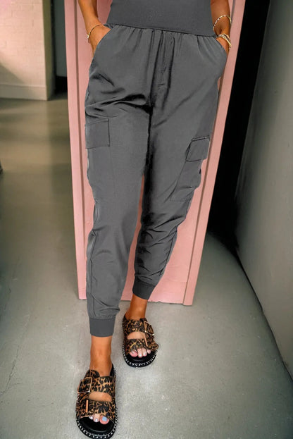 Black Elastic High Waist Pocketed Cargo Jogger Pants