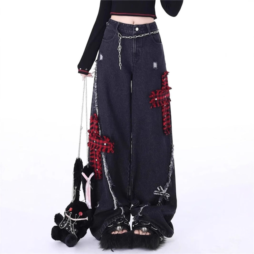 Retro Tattered Stitching Red Plaid Jeans