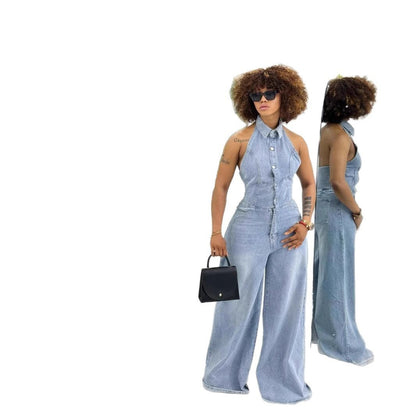 Women's Casual Single-breasted Backless Denim Jumpsuit
