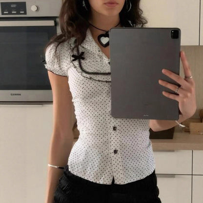 French Girl Bow Stitching Polka Dot Shirt