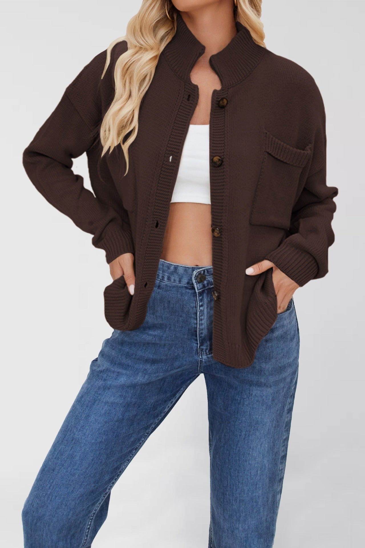 Standing Collar Plus Size Sweater Solid Color Cardigan For Women