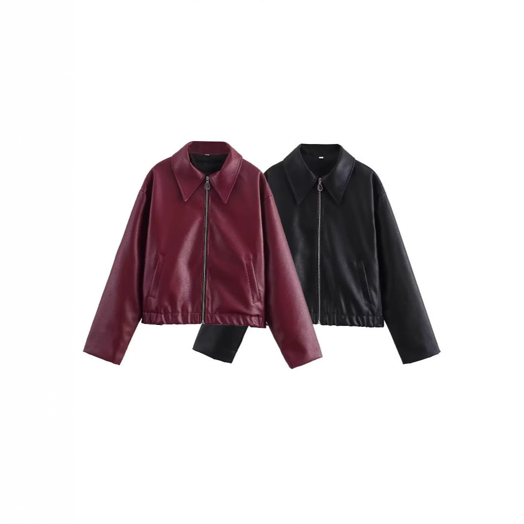 Women's Lapel Long Sleeve Leather Coat