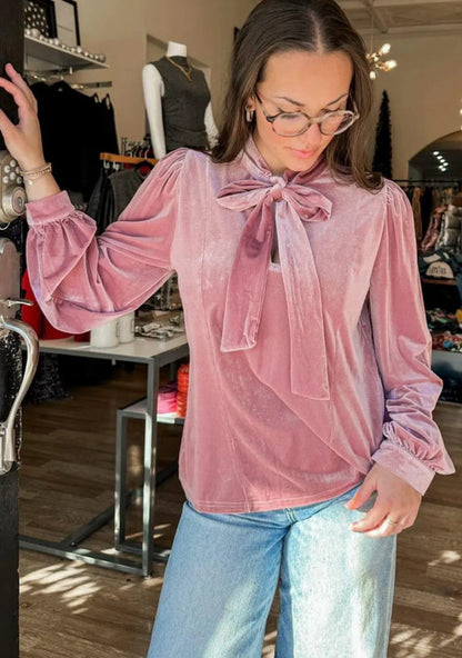 Fushia Solid Color Velvet Ribbon Bow Knot Long Sleeve Blouse