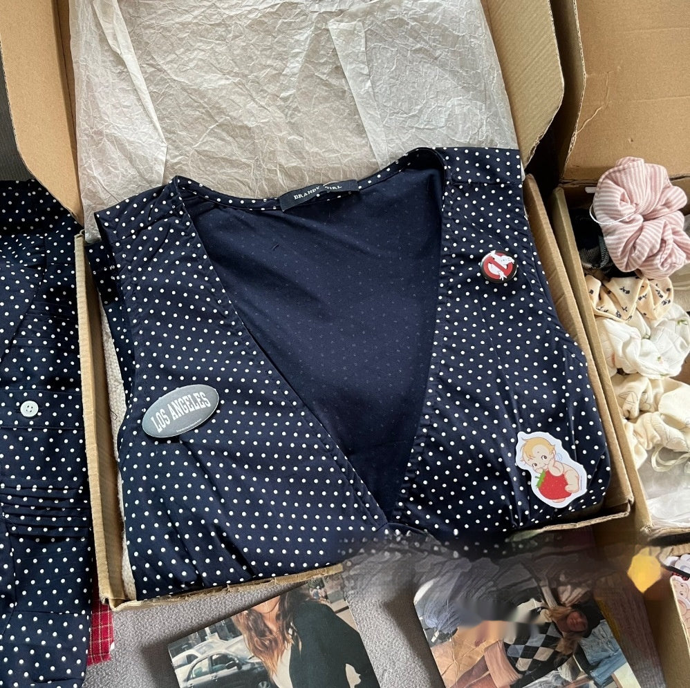 Navy Blue Polka Dot V-neck Tight Waist Outerwear Top