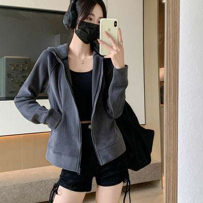 Hooded Zipper Sport Cardigan Coat Female Brushed Hoody