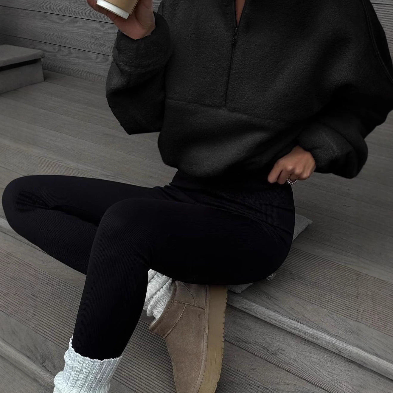 Solid Color European And American Zipper Collar Plush Coat