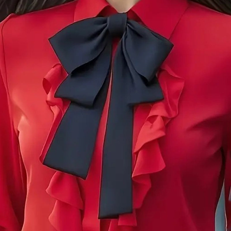 Women's Elegant Ruffle Trim Blouse With Black Bow Tie, Long Sleeve Office Shirt For Spring & Fall