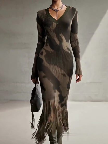 Camouflage Print Knit Midi Dress With Fringe Hem And V-Neck