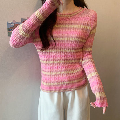 Striped Round Neck Pullover Sweater For Women