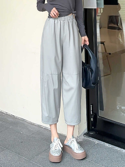Women's Casual Simple All-match Leather Wide-leg Trousers