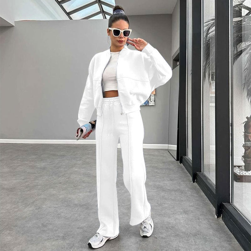 Fleece Zipper Cardigan Women's Clothes Fashion Casual Straight Pants Suit