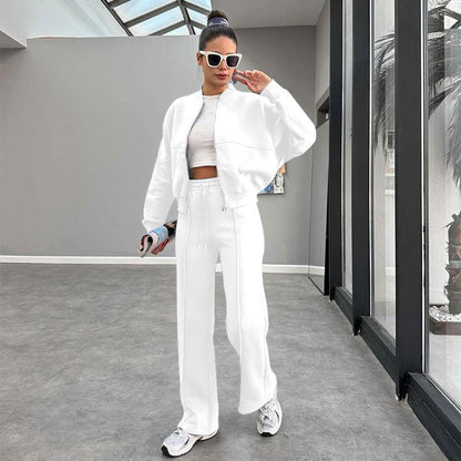 Fleece Zipper Cardigan Women's Clothes Fashion Casual Straight Pants Suit