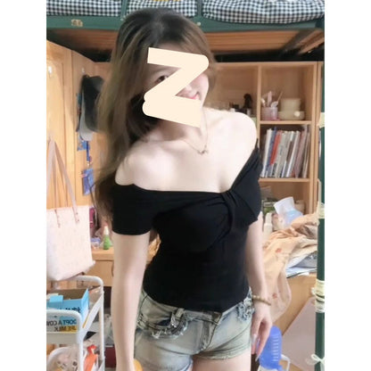 Female Solid Color One Shoulder Off Shoulder V-neck Short Sleeved Shirt
