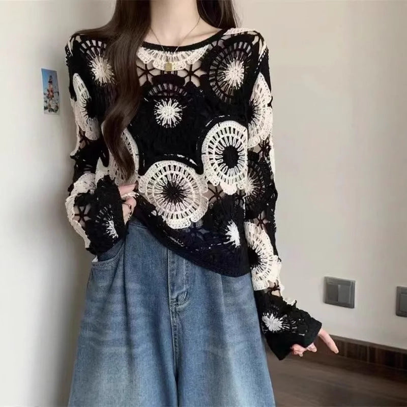 Hollow Crocheted Round Neck Long Sleeve Knitted Sweater