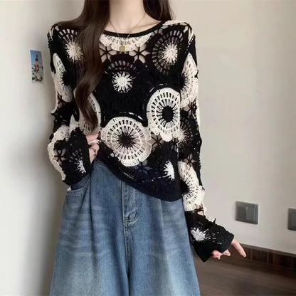 Hollow Crocheted Round Neck Long Sleeve Knitted Sweater